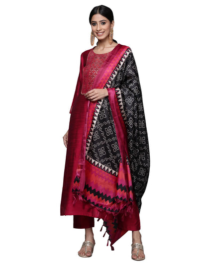 Varanga Magenta Silk Kurta Set For Women  Elegant Woven Yoke, Gota Embellishment, Elasticated Trouser, Side Slits  Stylish & Com