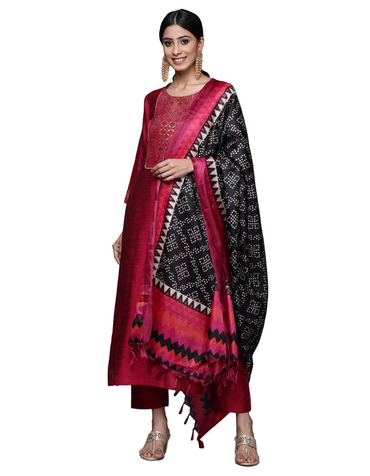 Varanga Magenta Silk Kurta Set For Women  Elegant Woven Yoke, Gota Embellishment, Elasticated Trouser, Side Slits  Stylish & Com