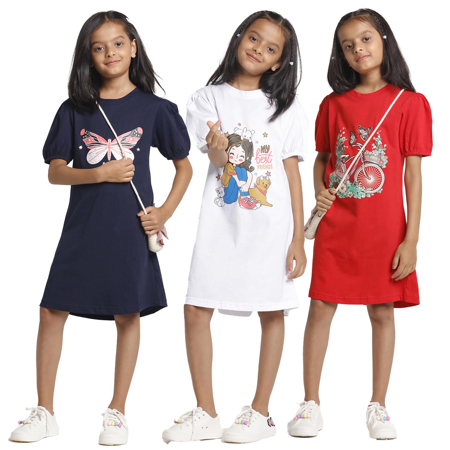 T2F Girls Puffed Sleeve 100% Cotton Knee Length Printed Nightgown, Nightdress, Sleepwear (Pack of 3)