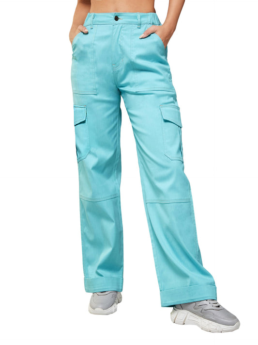 Dolce Crudo Womens Wide Leg High Rise Clean Look Regular Length Stretchable Denim Pants (DOSS23DEN12-47-33, Turquoise, 34)
