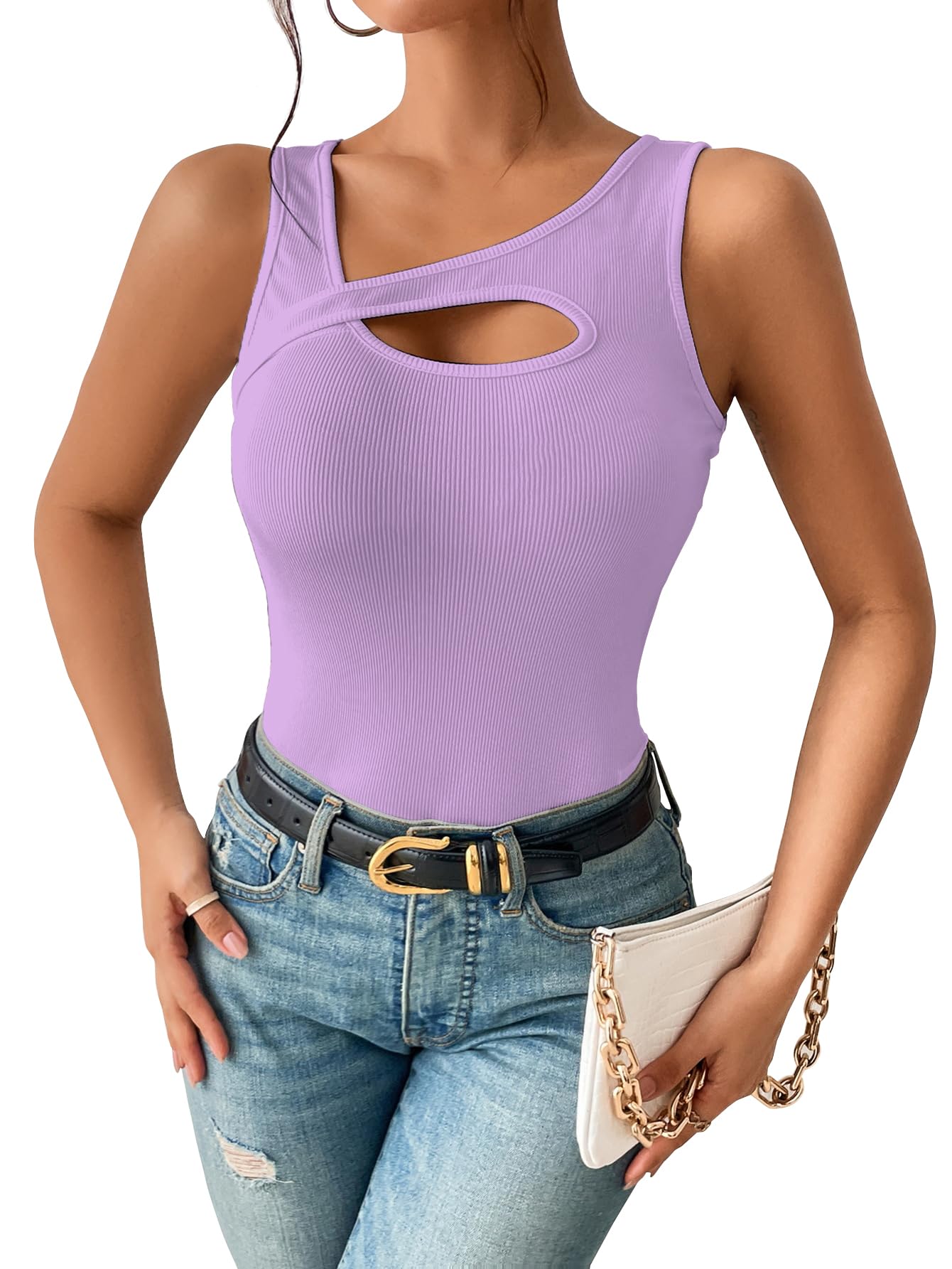 Sugathari Womens Purple Cut Out Asymmetrical Neck Rib Knit Jeans Korean Trendy Tank Western Tops for Women Stylish (T-Shirt 182