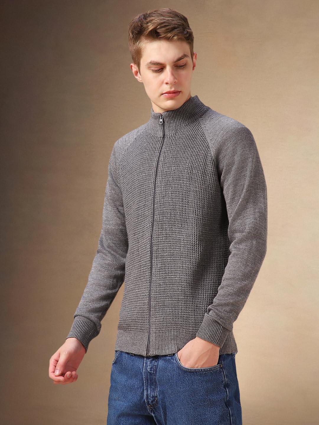 Dennis Lingo Men Grey Solid Acrylic Slim-Fit Full Sleeve Sweater