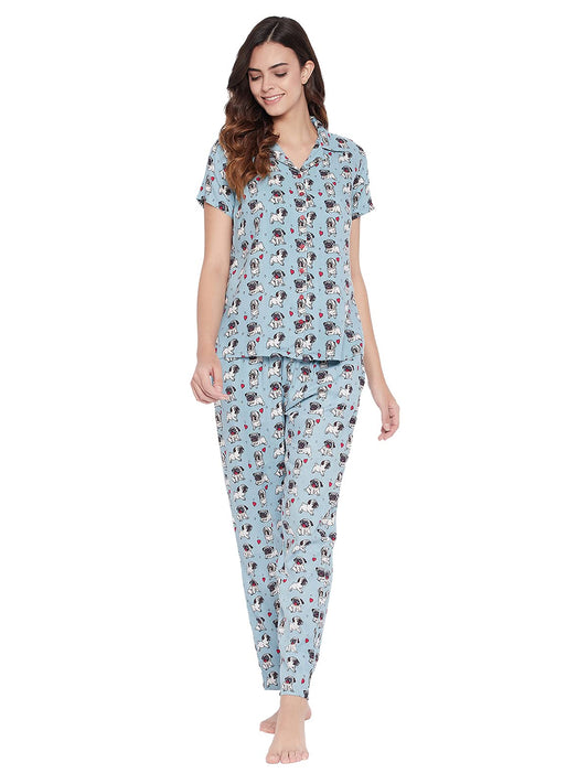 Clovia WomenS Crepe Print Me Pretty Button Me Up Sleep Shirt & Pyjama Set (Ls0385D03_Blue_Xl)