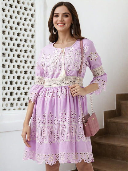 Ishin Schiffli Pure Cotton A-Line Dress Lilac