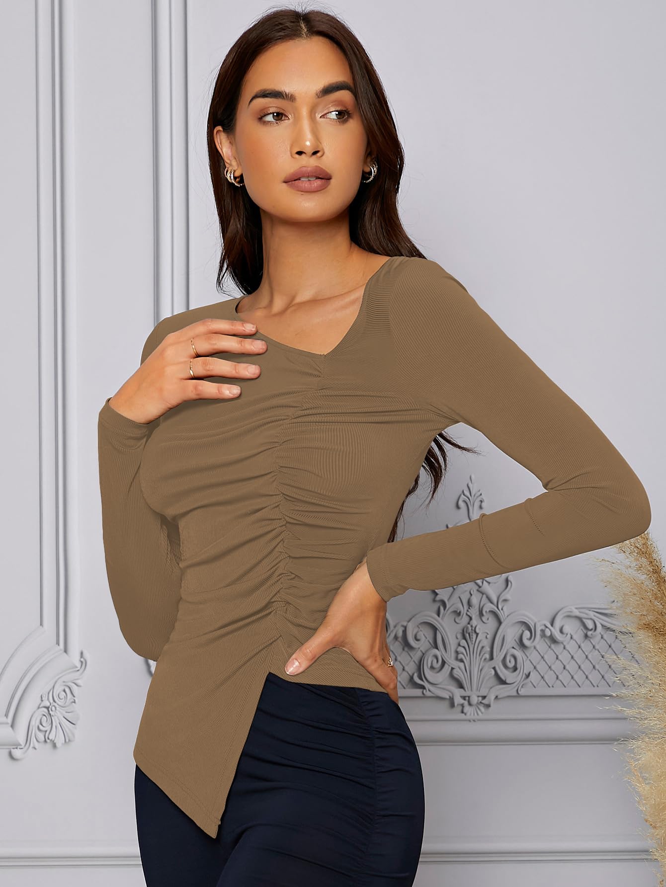 Shasmi Womens & Girls Brown Long Sleeve Asymmetrical Neck Solid Color Ruched Front Asymmetrical Hem Tee Workwear Fancy Top, T-