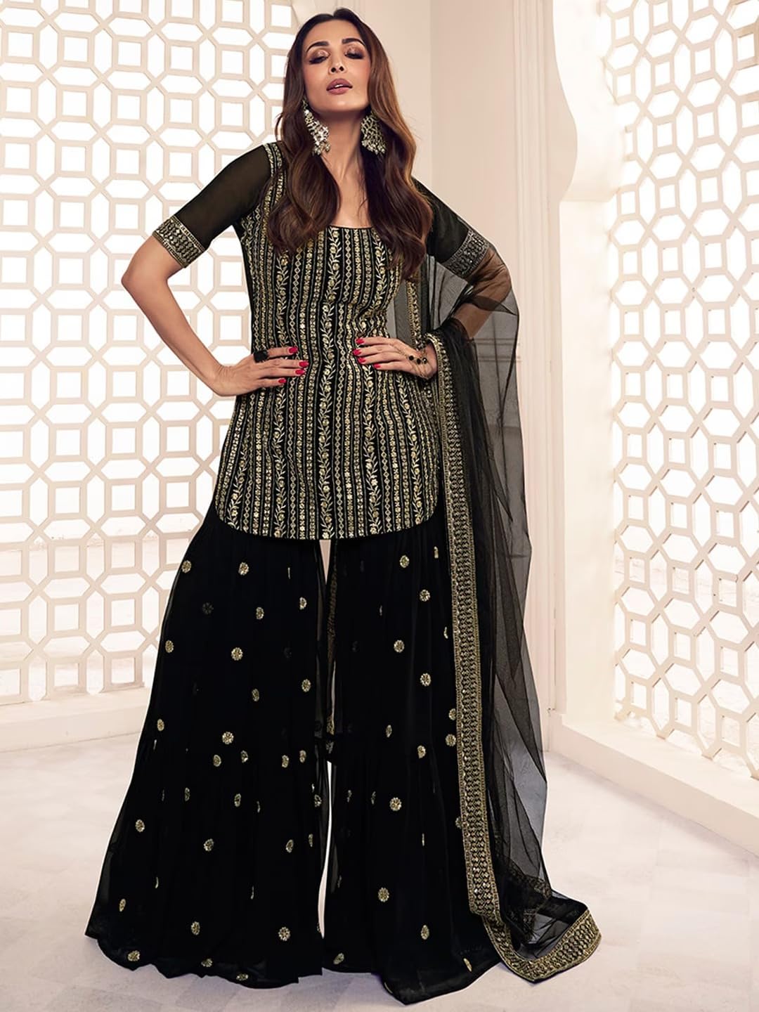 Fashion Basket Georgette Embroidered Kurta Set For Women Black
