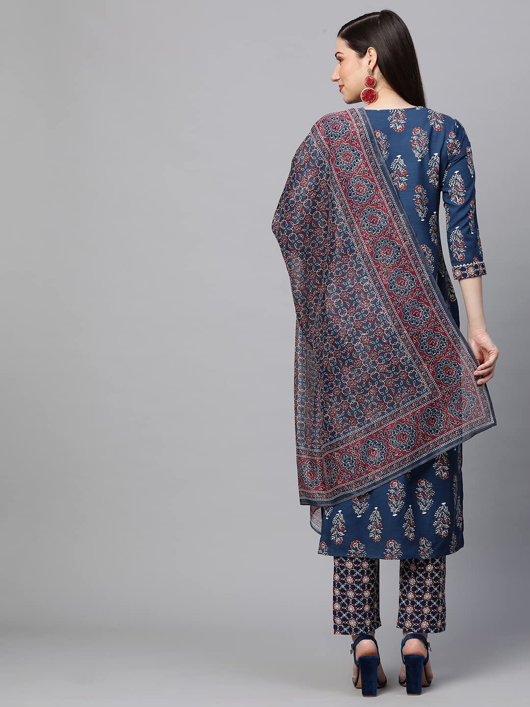 GoSriKi Women's Cotton Blend Straight Printed Kurta with Pant & Dupatta Set (Jasmine-NV-GS)
