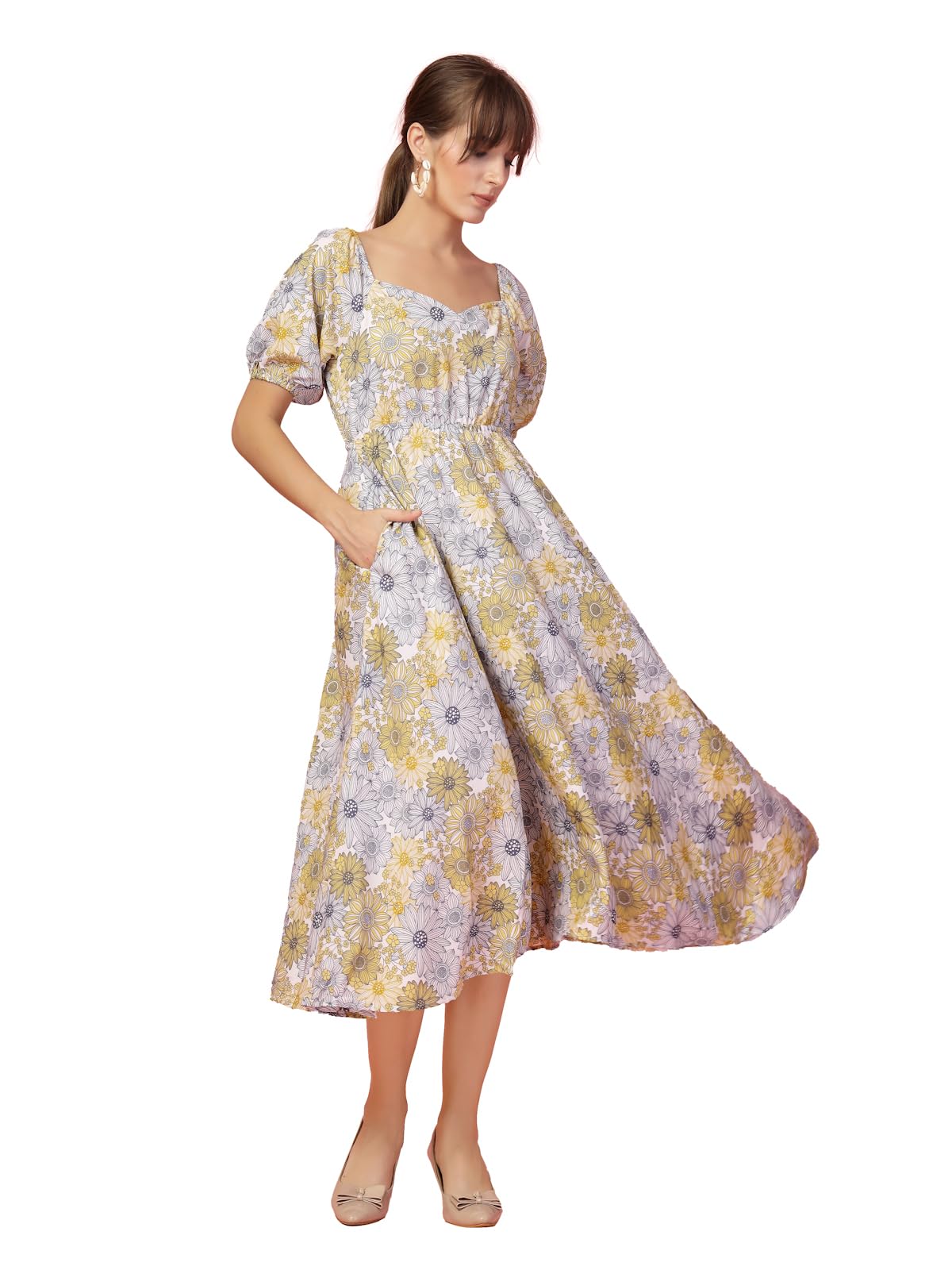 Oomph! Flared Dress For Women Stylish | Long One Piece For Women | Puff Sleeve Long Dress | Floral Print Maxi One Piece | Wester