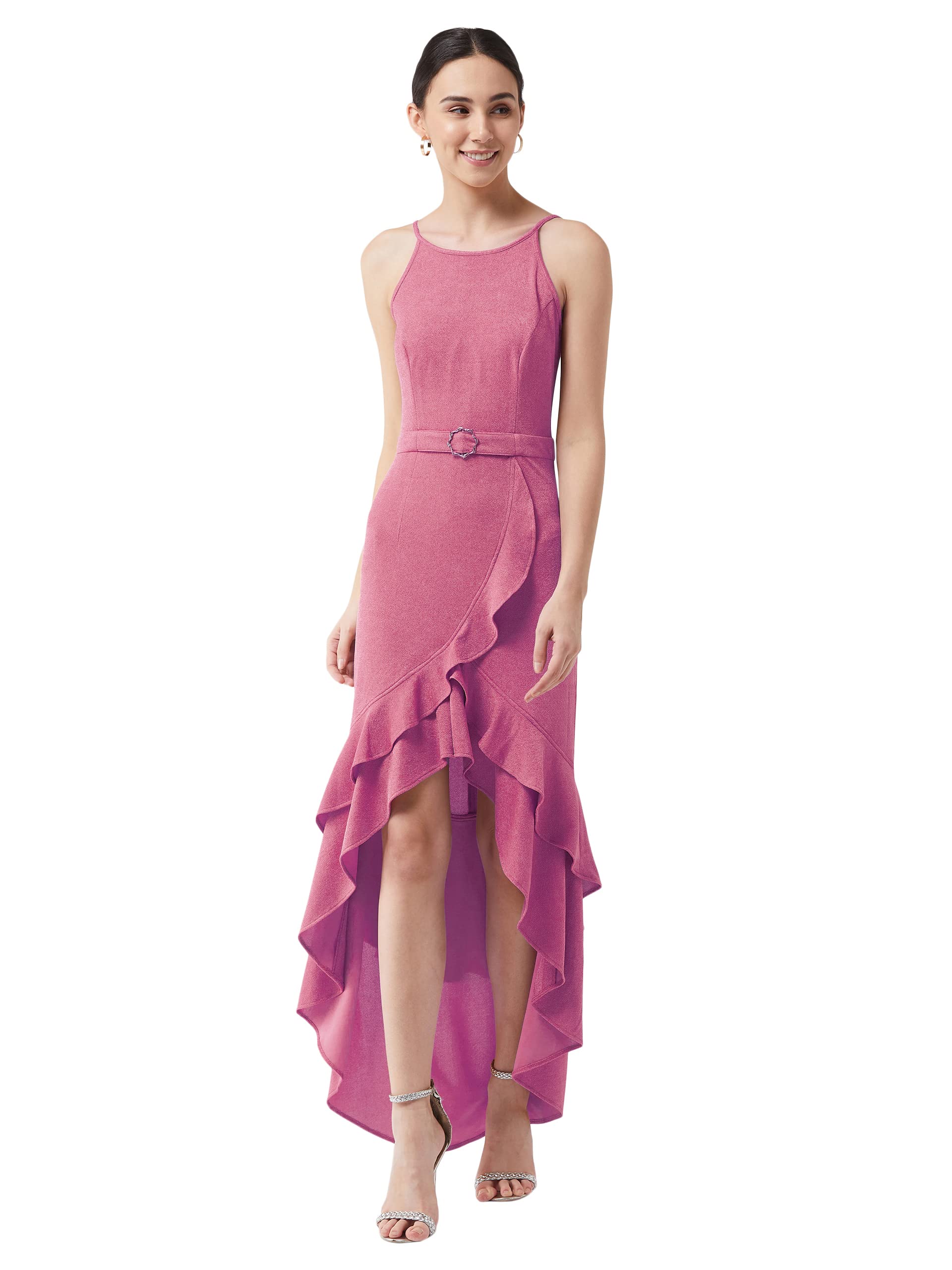 Miss Chase Womens Pink Halter Neck Sleeveless Solid Ruffled Maxi Dress (MCAW21D13-18-122-03, Pink, S)