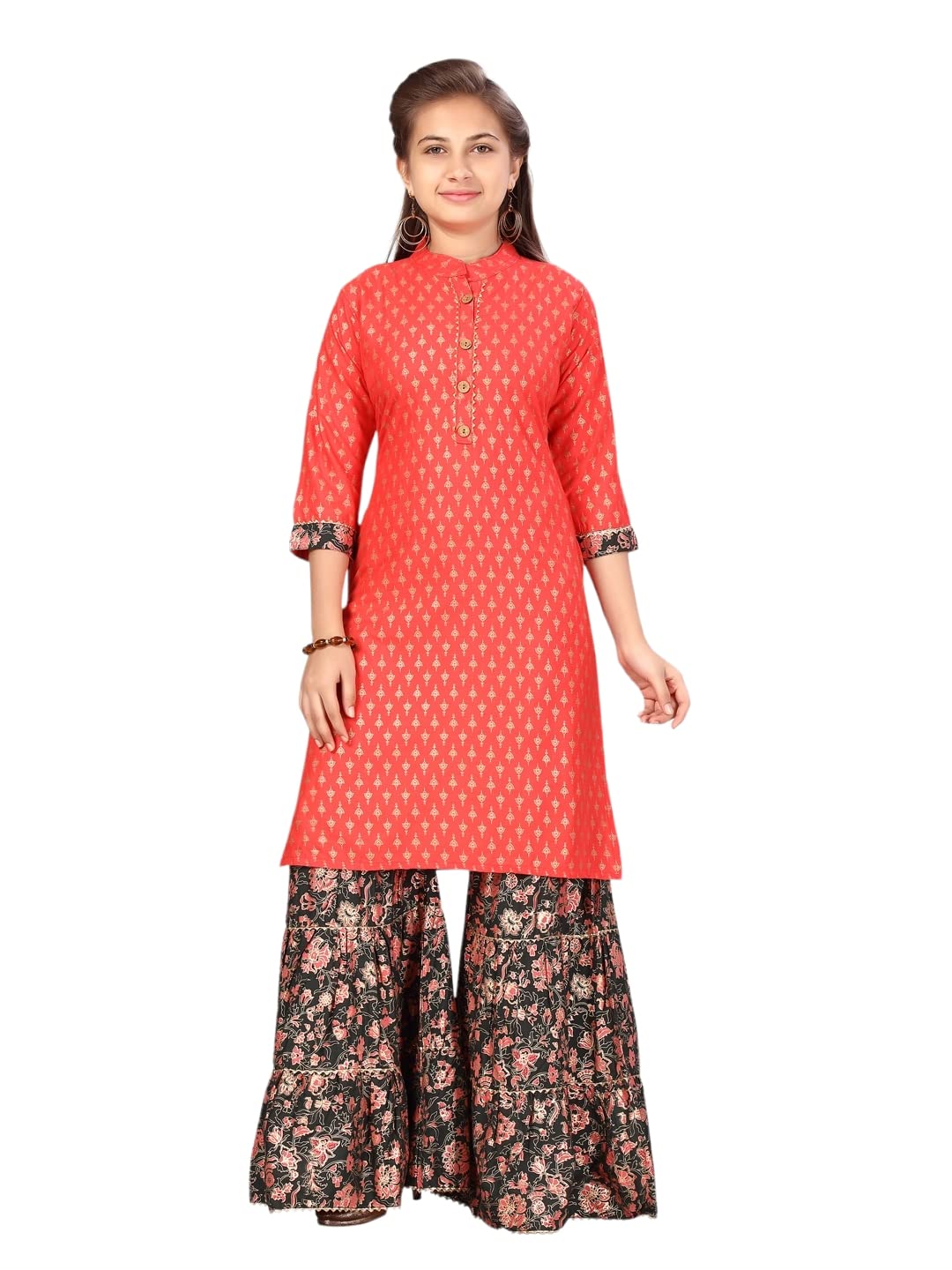 Aarika Girl's Cotton Kurti Sharara Set (SH-AP-C-1_Gajri-Dark Green_34)