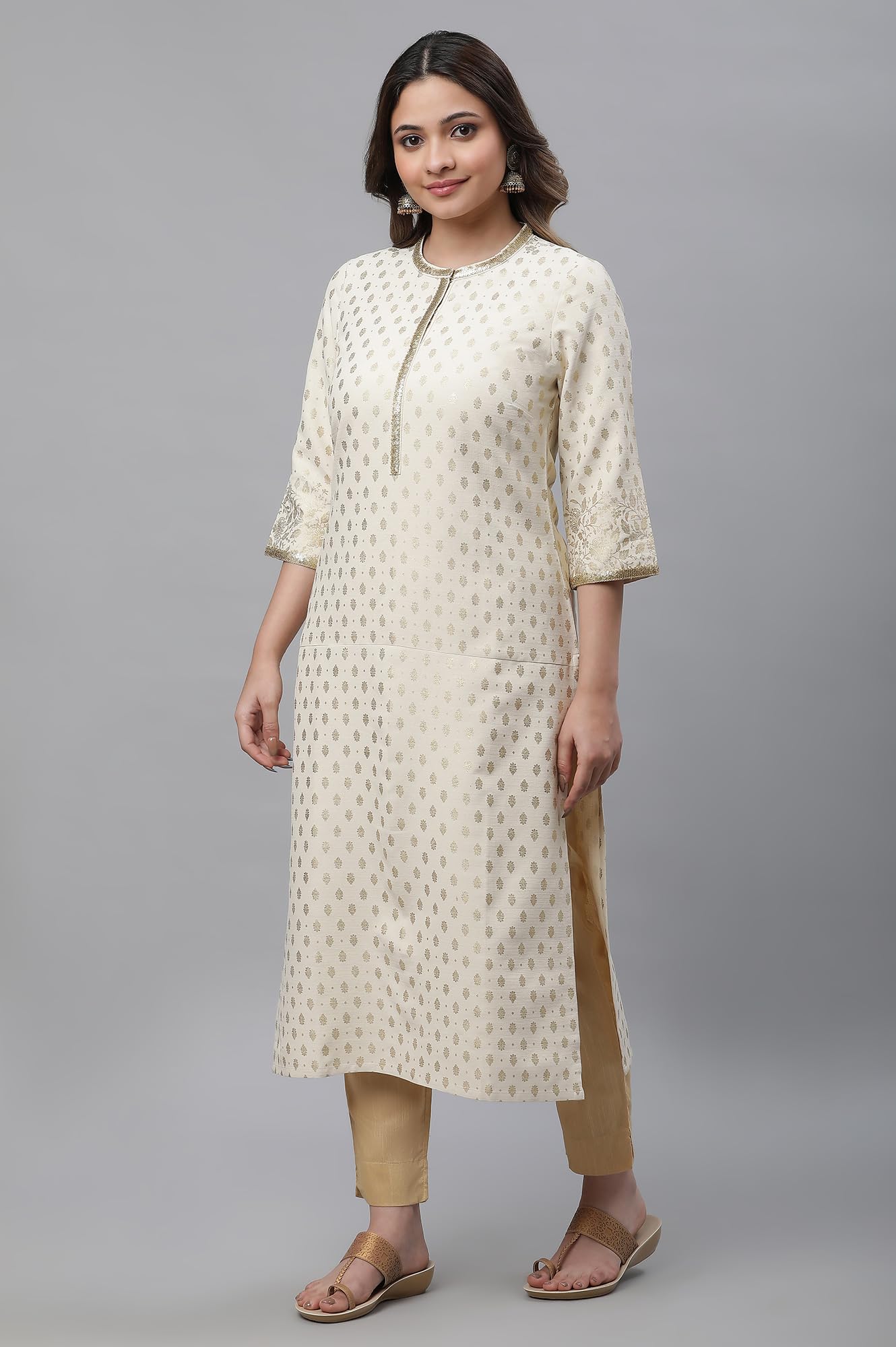 Aurelia Beige Foil Pattern Rayon Blend Regular Kurta