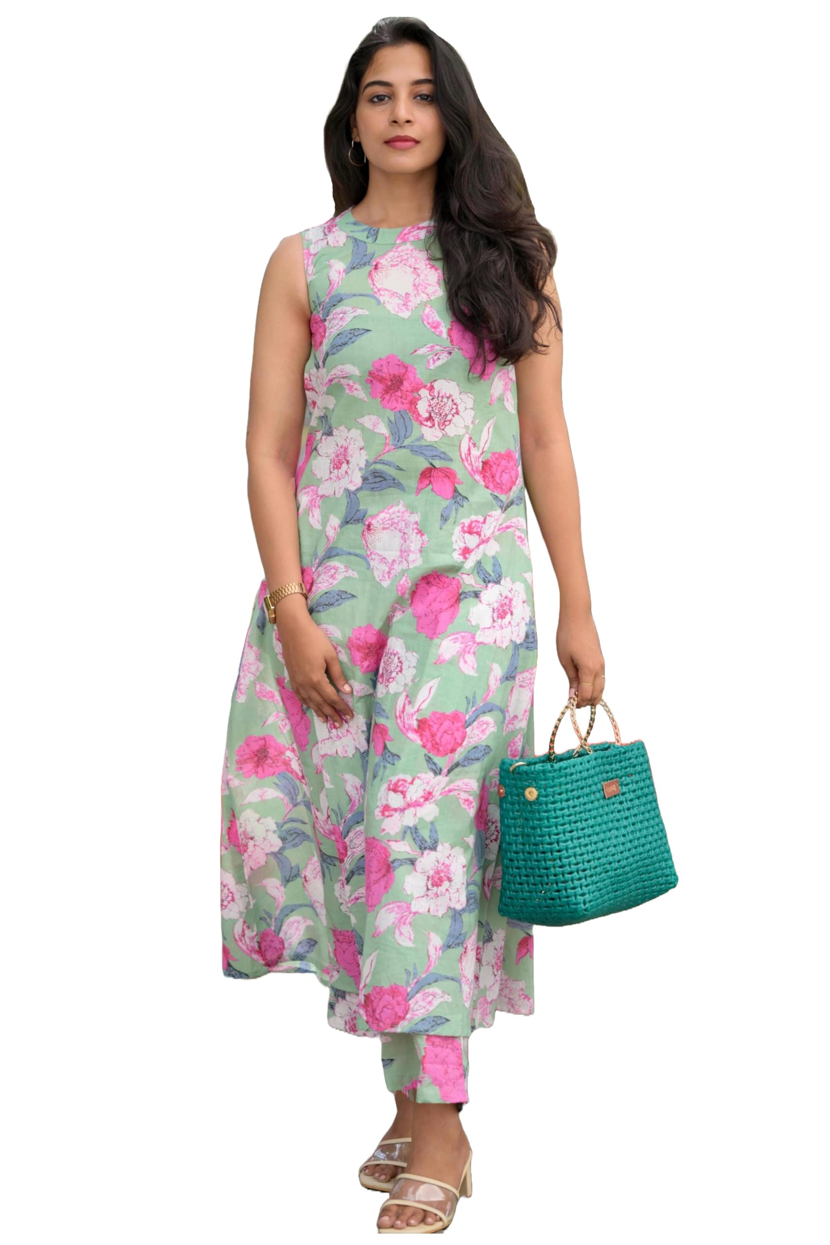 ANNI DESIGNER Ladies Floral Rayon Blend Regular Kurta with Trousers, Track, M
