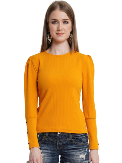 POPWINGS Casual Solid Puff Button Long Sleeves Tops for Women || Summer Round Neck Tops for Women || Stylish Western Top for Jea