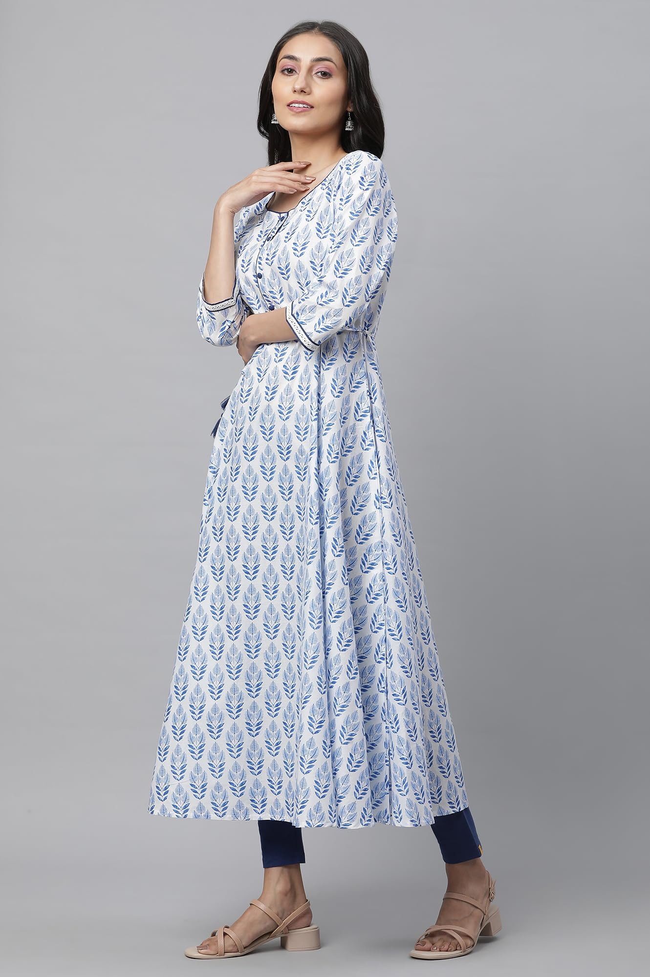 Aurelia White Leaf Print Cotton Anarkali Kurta For Women