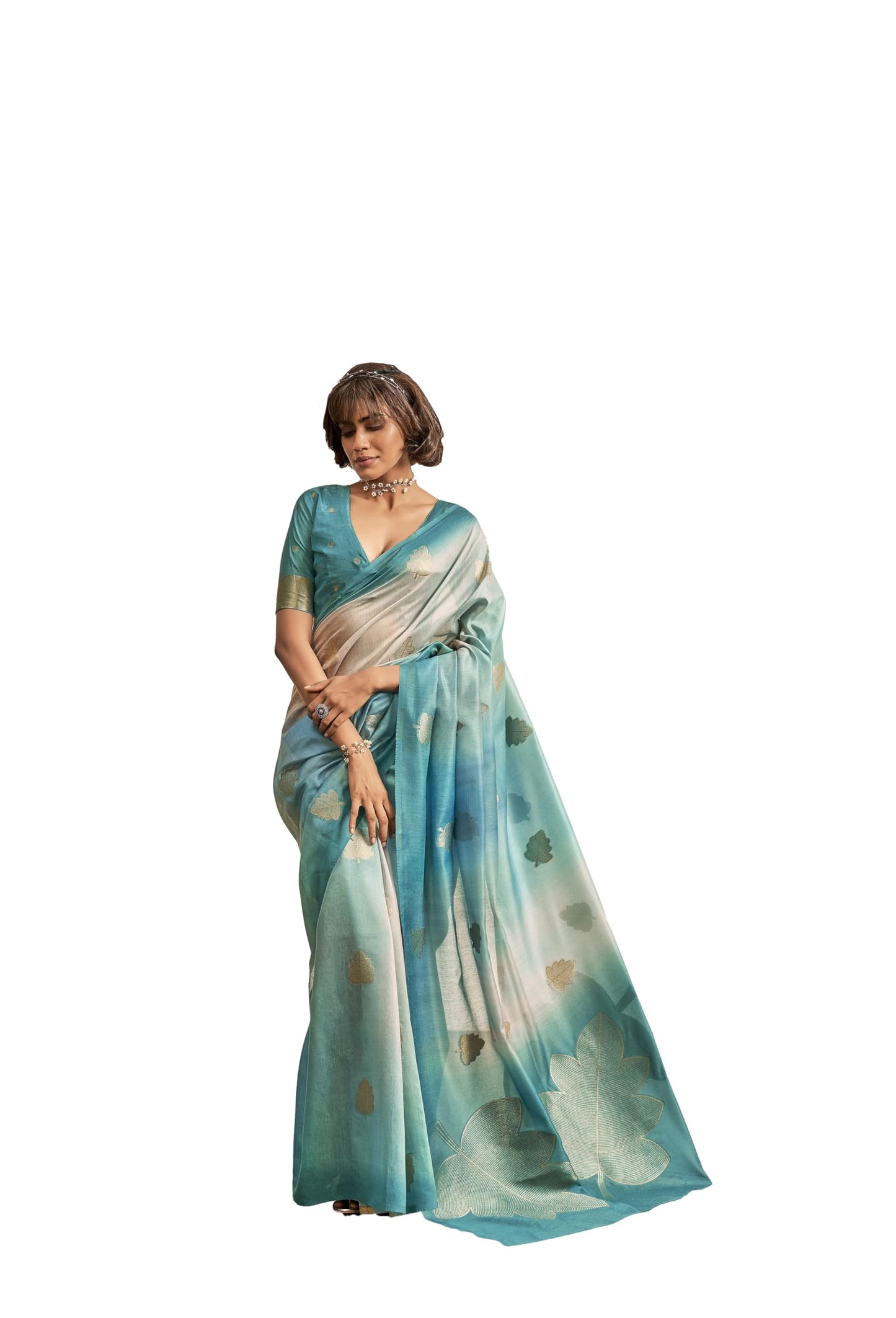 Pujia Mills WomenS Leaf Zari Woven Design With Ombre Print Silk Saree With Unstitched Blouse