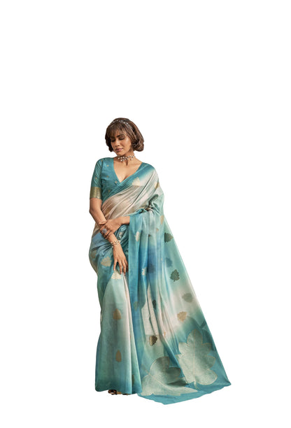 Pujia Mills WomenS Leaf Zari Woven Design With Ombre Print Silk Saree With Unstitched Blouse