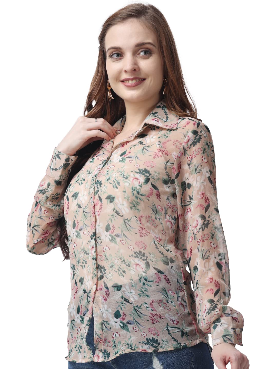 POPWINGS Printed Full-Sleeves Regular-Fit Polyester Printed Shirt for Women Stylish Western Casual Wear Beige