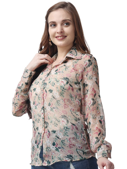 POPWINGS Printed Full-Sleeves Regular-Fit Polyester Printed Shirt for Women Stylish Western Casual Wear Beige