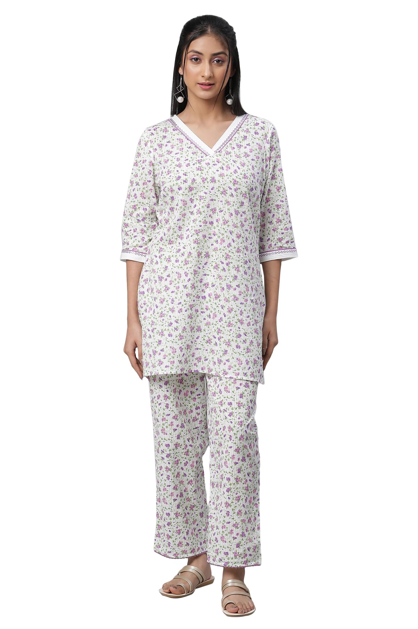 Aurelia Women's Cotton Floral Regular Kurti (23FEA30366-507208_White