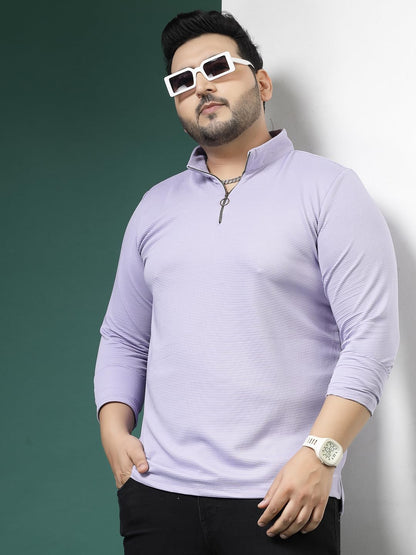 Rigo Polyester Plus Size T-Shirt for Men | High Neck, Slim Fit T-Shirt for Men | Solid Casual Plus Size T-Shirts Light Purple
