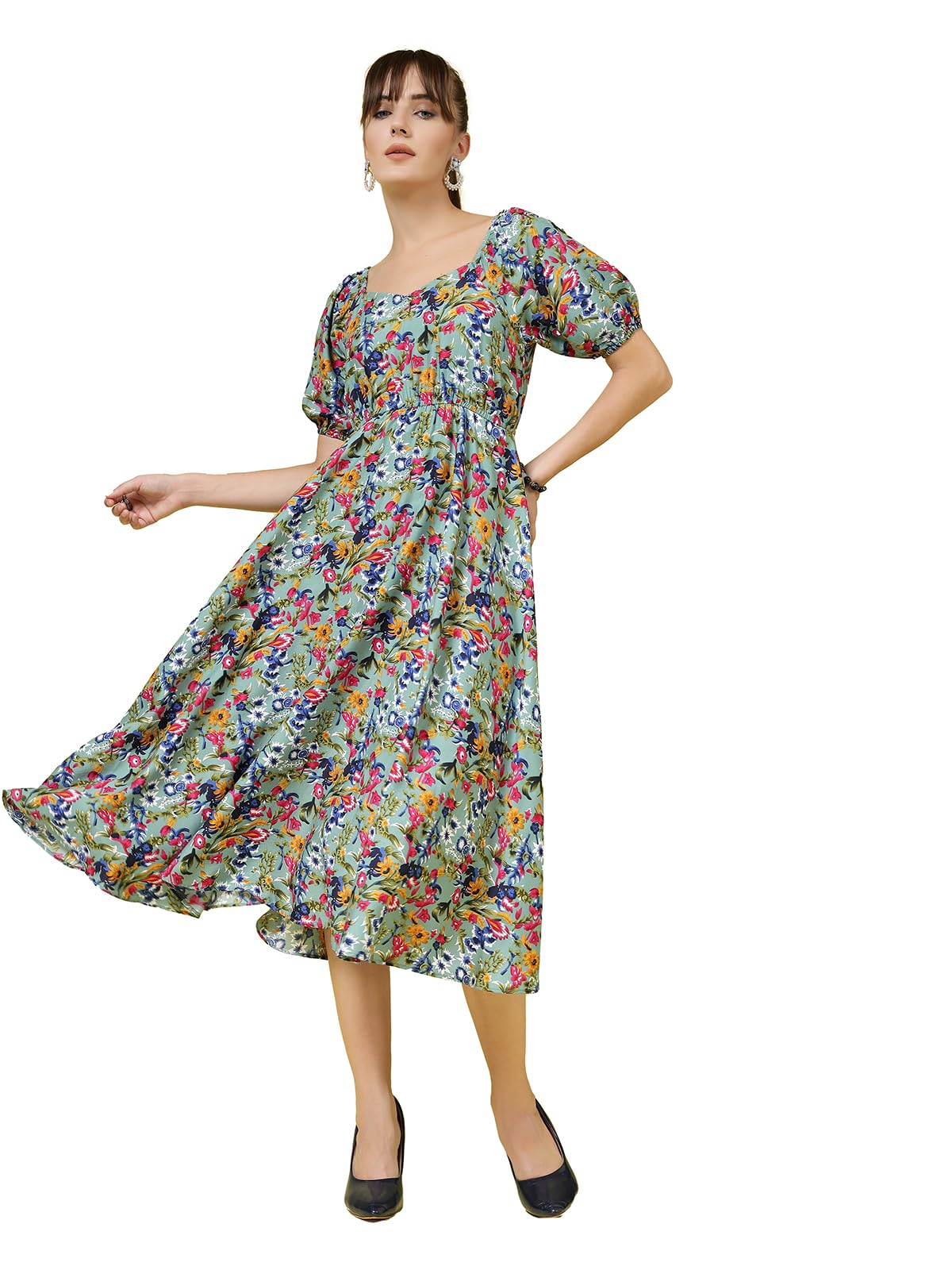 Oomph! Flared Dress For Women Stylish | Long One Piece For Women | Puff Sleeve Long Dress | Floral Print Maxi One Piece | Wester