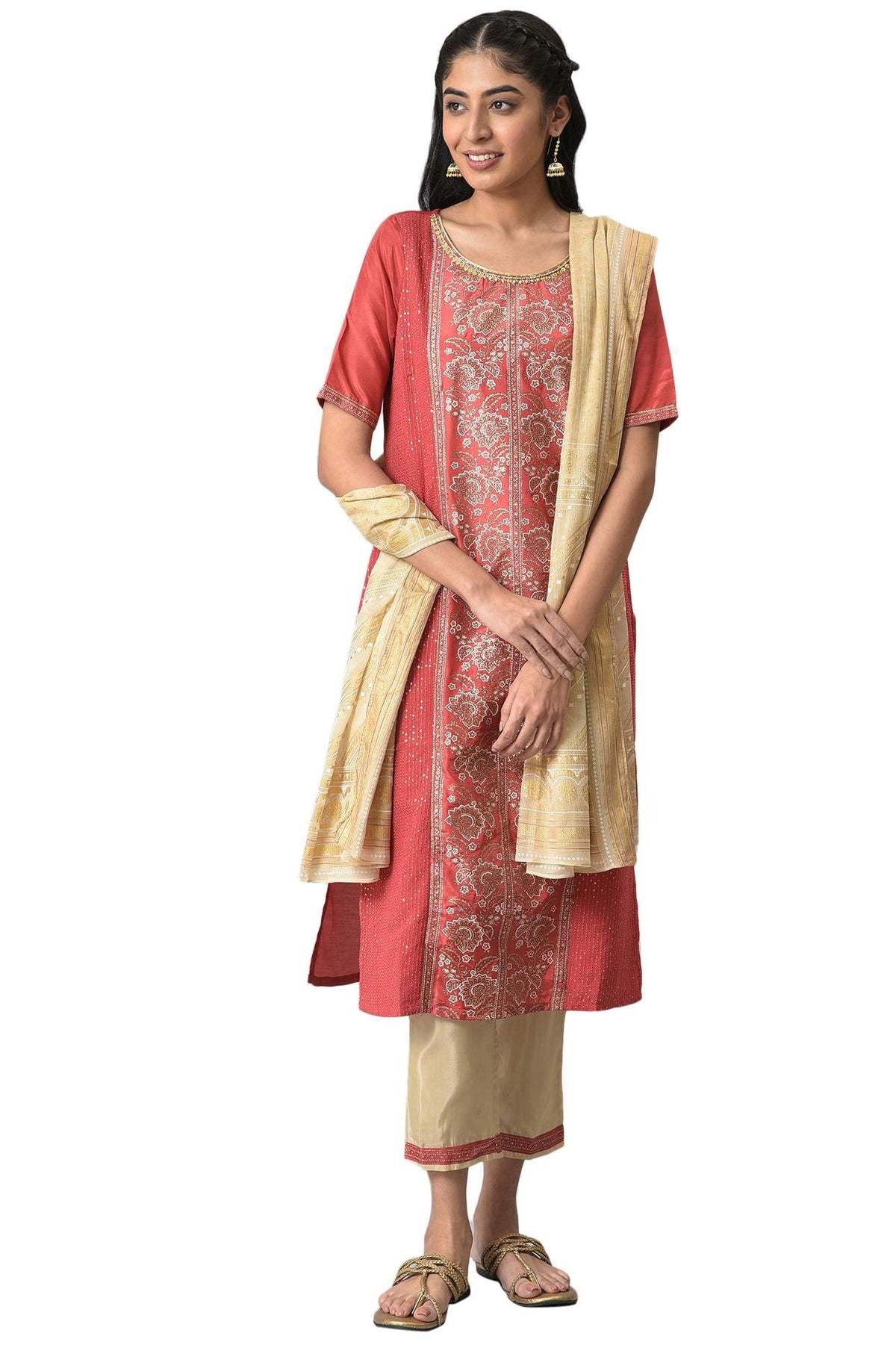 Aurelia Women Maroon Glitter Printed Kurta With Almond Gold Trousers And Dupatta_22Aud10472-505712_M