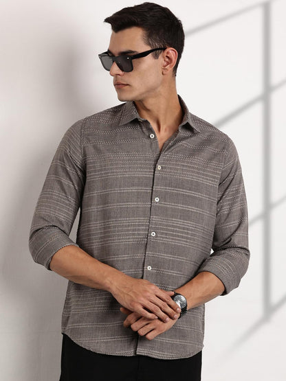 Thomas Scott Long Sleeve Embroderied Casual Shirt for Men Grey
