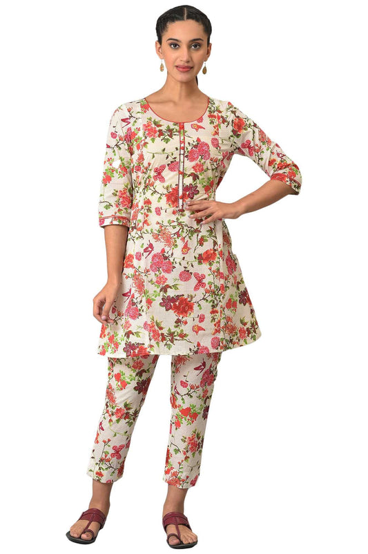 Aurelia Woman Rayon Floral Printed A-line White Kurta Cord Set | Kurta and Pants Set for Women | White Floral Printed Causal Kurta Set