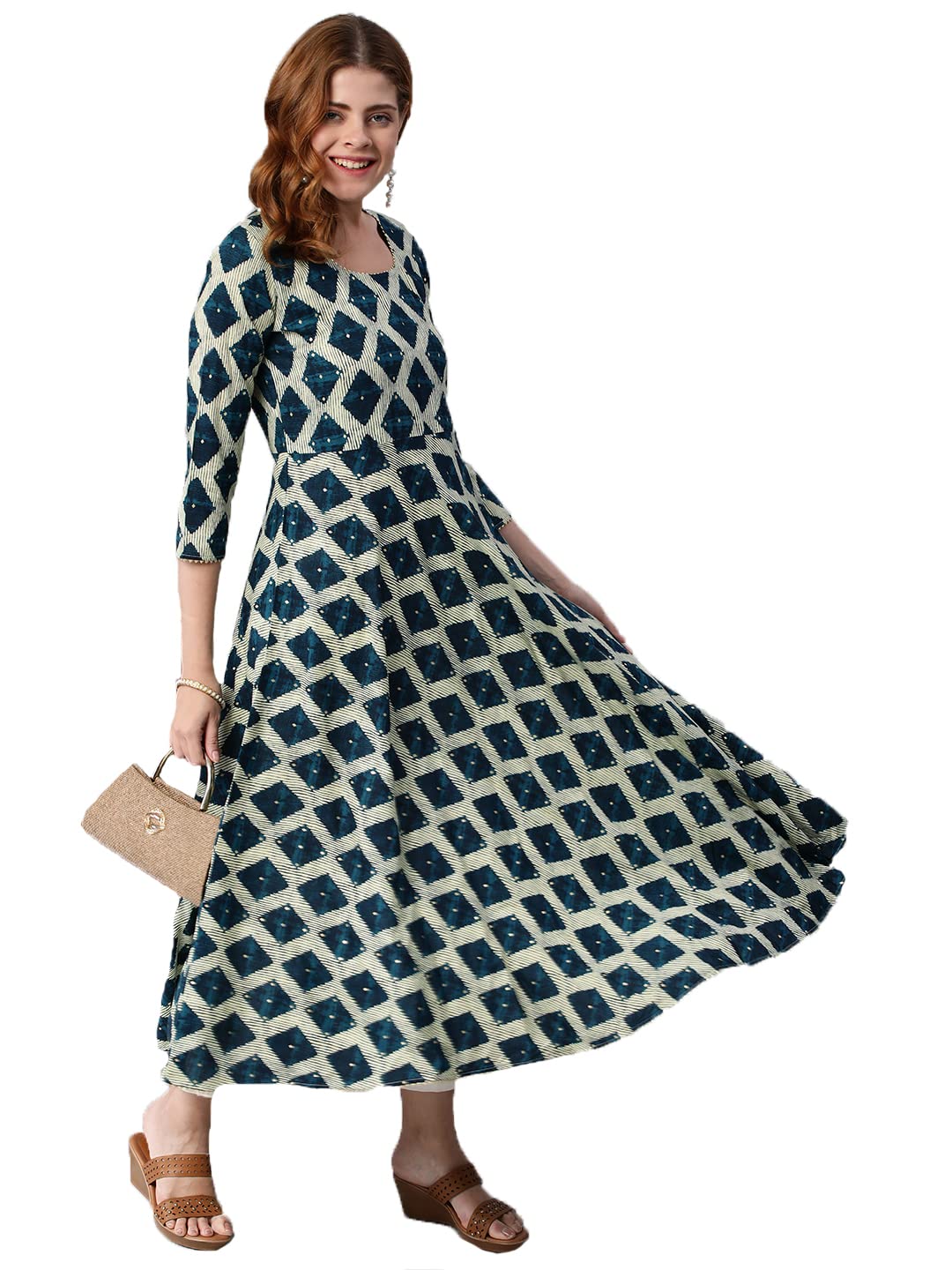 ANNI DESIGNER Womens Cotton Blend Chex Printed Anarkali Kurti (Chix Blue_S_Blue_Small)