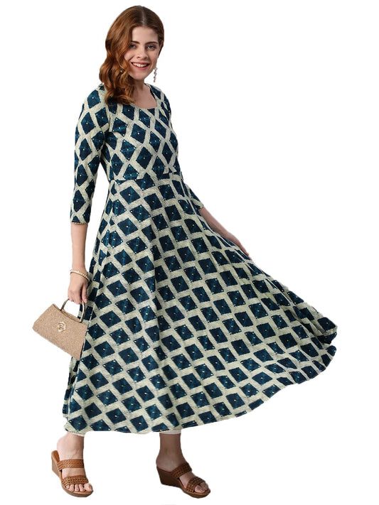ANNI DESIGNER Womens Cotton Blend Chex Printed Anarkali Kurti (Chix Blue_S_Blue_Small)