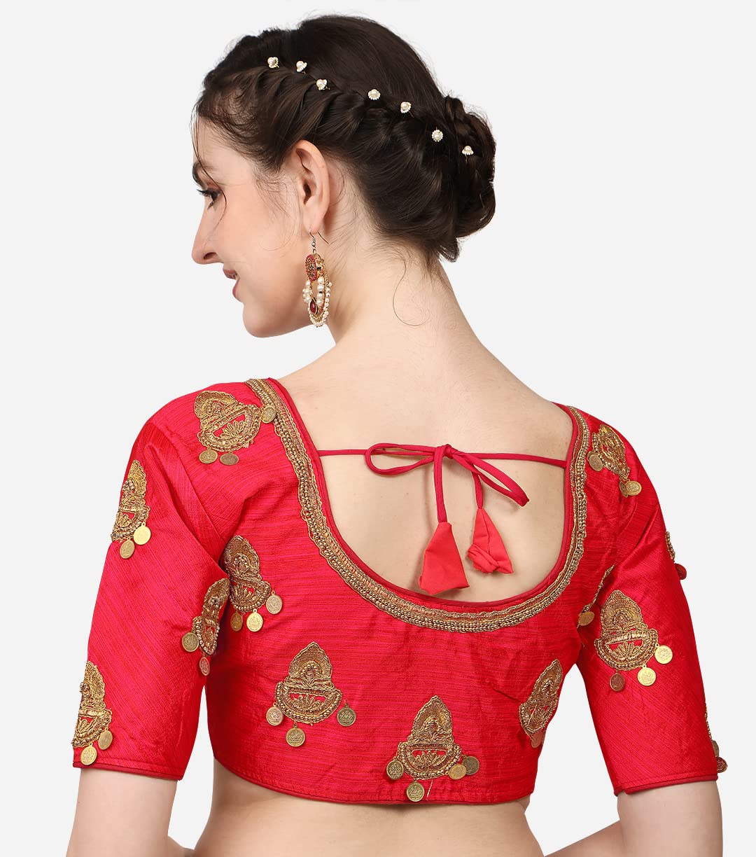 Pujia Mills WomenS Silk Embroidery Maggam Lakshmi Coin Work Readymade Saree Blouse