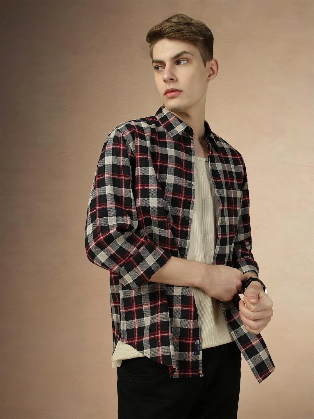 Dennis Lingo Men Checks Full Sleeve Spread Collar Shirts Black