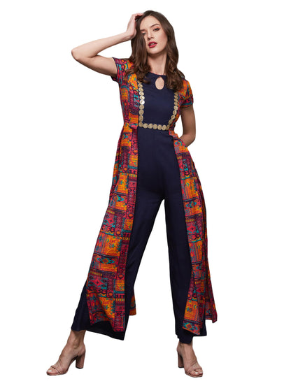Miss Chase WomenS Keyhole Neck Regular Sleeve Bohemian Panelled Viscose Rayon Regular Length Jumpsuit With Pockets (Mcss24D59-0