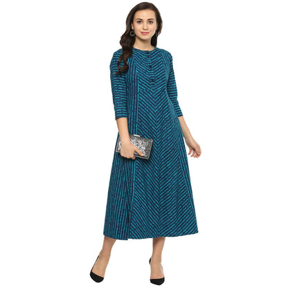 idaLia Pure Cotton 3/4 Sleeve,Round Neck Striped Flared Blue Kurta for Women