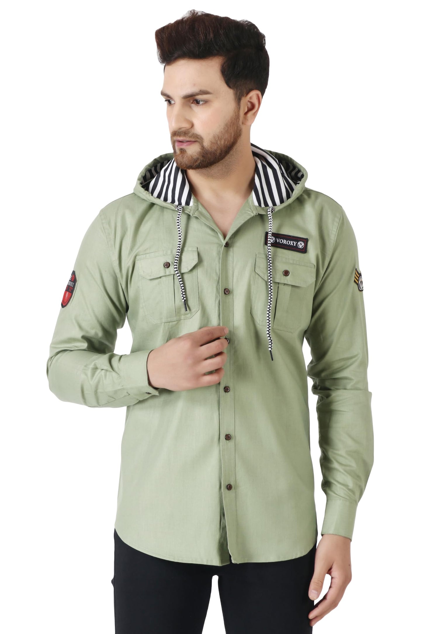 Besix MenS Green Tailored Fit Cotton Blend Shirt For Man With Hoodie - Casual Long Sleeve Shirt With Pockets - Patch Detail For