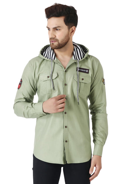 Besix MenS Green Tailored Fit Cotton Blend Shirt For Man With Hoodie - Casual Long Sleeve Shirt With Pockets - Patch Detail For
