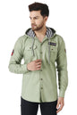 Besix MenS Green Tailored Fit Cotton Blend Shirt For Man With Hoodie - Casual Long Sleeve Shirt With Pockets - Patch Detail For