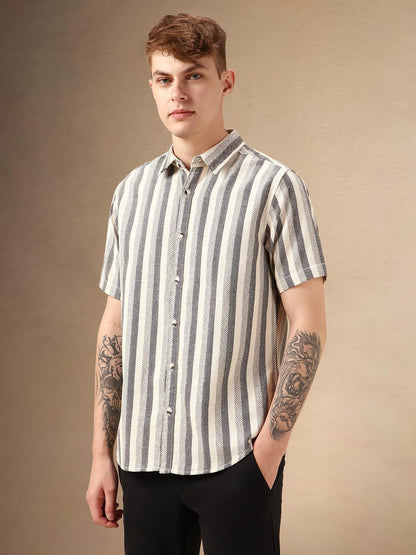 Dennis Lingo Men Cream Cotton Poly Waffle Half Sleeve Spread Collar Stripes Shirts