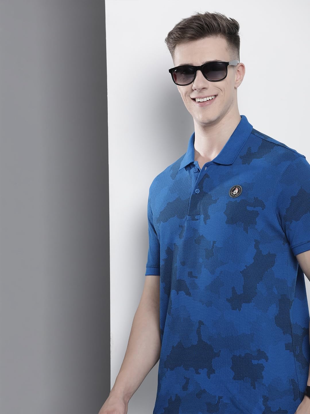 The Indian Garage Co Men Slim Fit Abstract Printed Polo Collar Tshirt Cobalt Blue