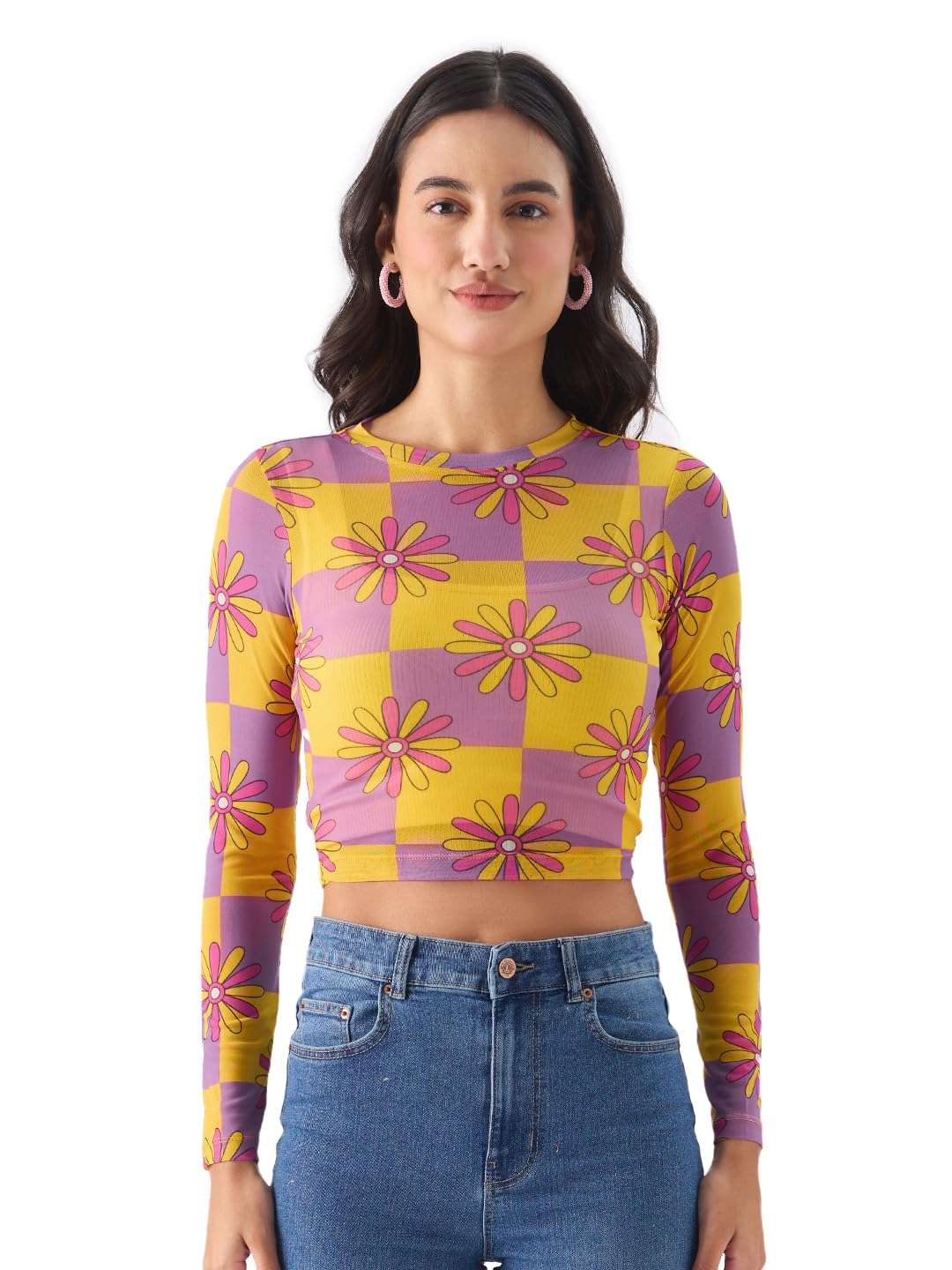 The Souled Store Flora Women and Girls Long Sleeve Round Neck Regular Fit Cropped Tops