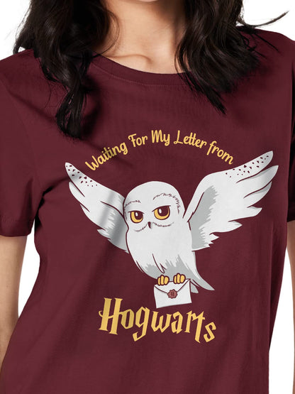 The Souled Store Women Official Harry Potter: Hedwig Special Burgundy Printed T-Shirt for Women Round Neck Half Sleeve Printed B