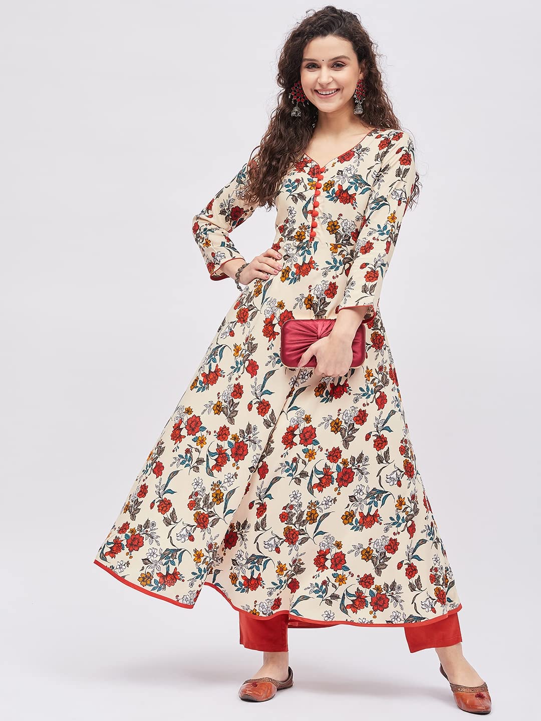 Tissu Women'S Rayon Cream & Orange Floral Printed A-Line Kurta 2221_Cream_Xl