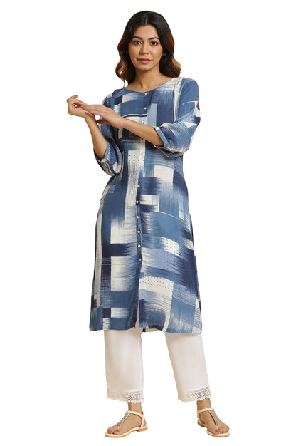 W For Woman Blue Abstract Regular Kurta with Kantha