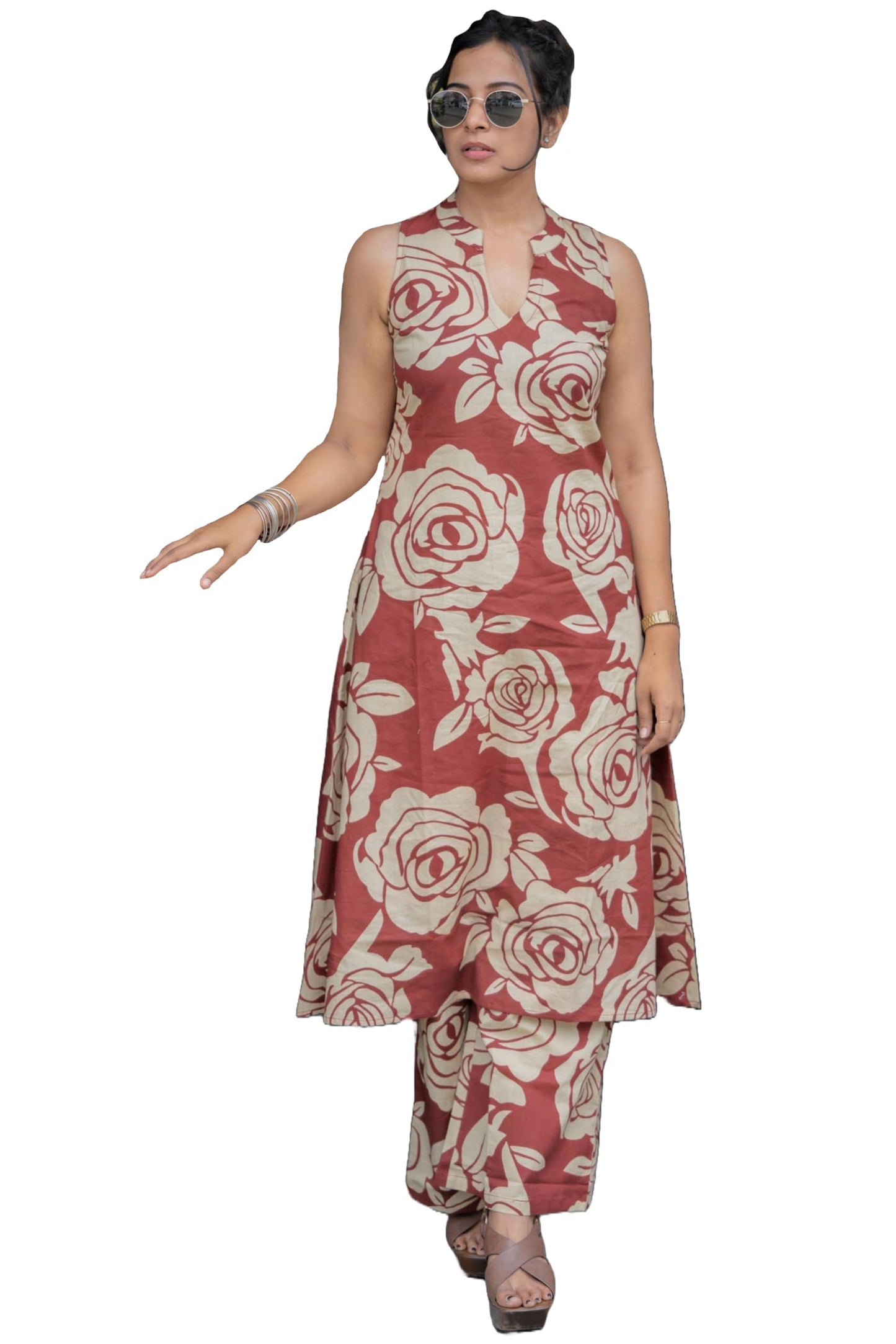ANNI DESIGNER Womens Rayon Viscose A-Line Printed Kurta with Palazzo (AADAT RED_XL_Red_X-Large)