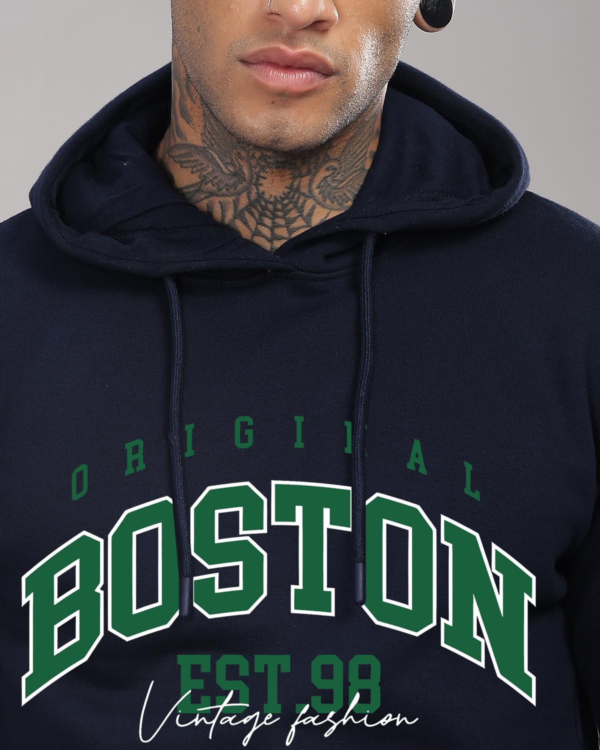 ADRO Men's Cotton Neck Hooded Sweatshirt (H24-BOST-NB_Navy Blue