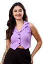 POPWINGS Lavender Solid Button Clousre V Neck Sleeveless Waistcoat Crop Top
