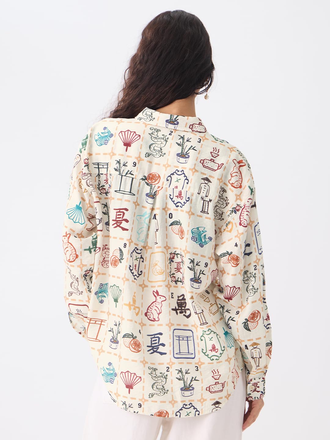 The Souled Store Textured Shirt: Mahjong Tiles Women and Girls Long Sleeves Collared Neck Button Front Beige All Over Printed Ov