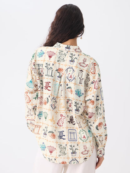 The Souled Store Textured Shirt: Mahjong Tiles Women and Girls Long Sleeves Collared Neck Button Front Beige All Over Printed Ov