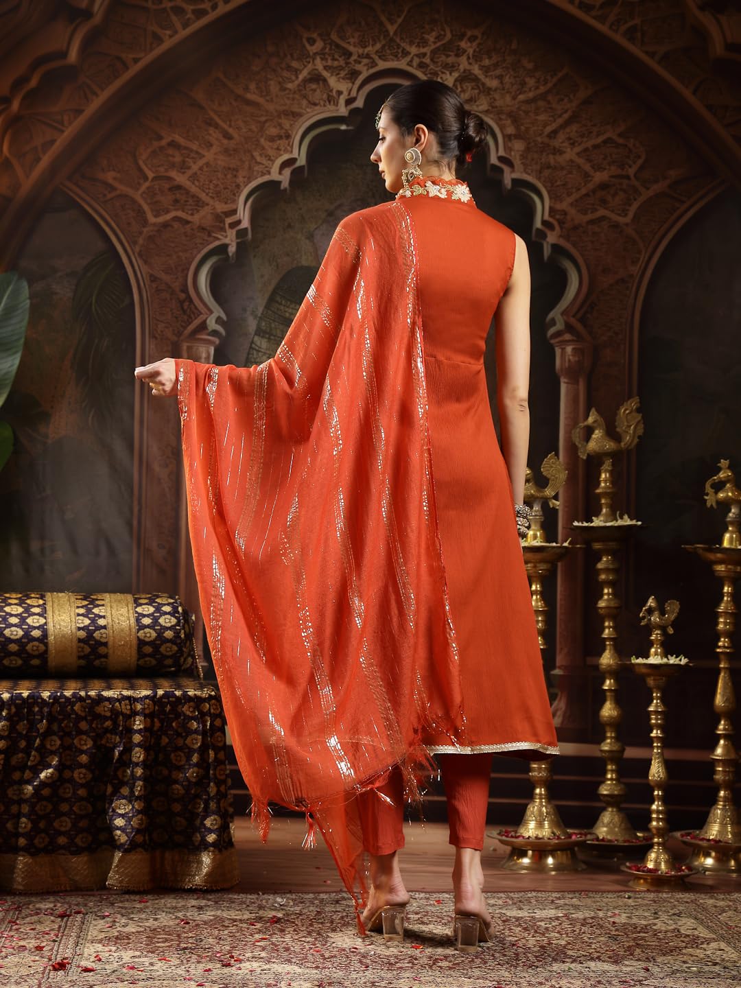 Stylum Womens Rust Solid & Embroidered Crepe A-Line Kurta With Dupatta