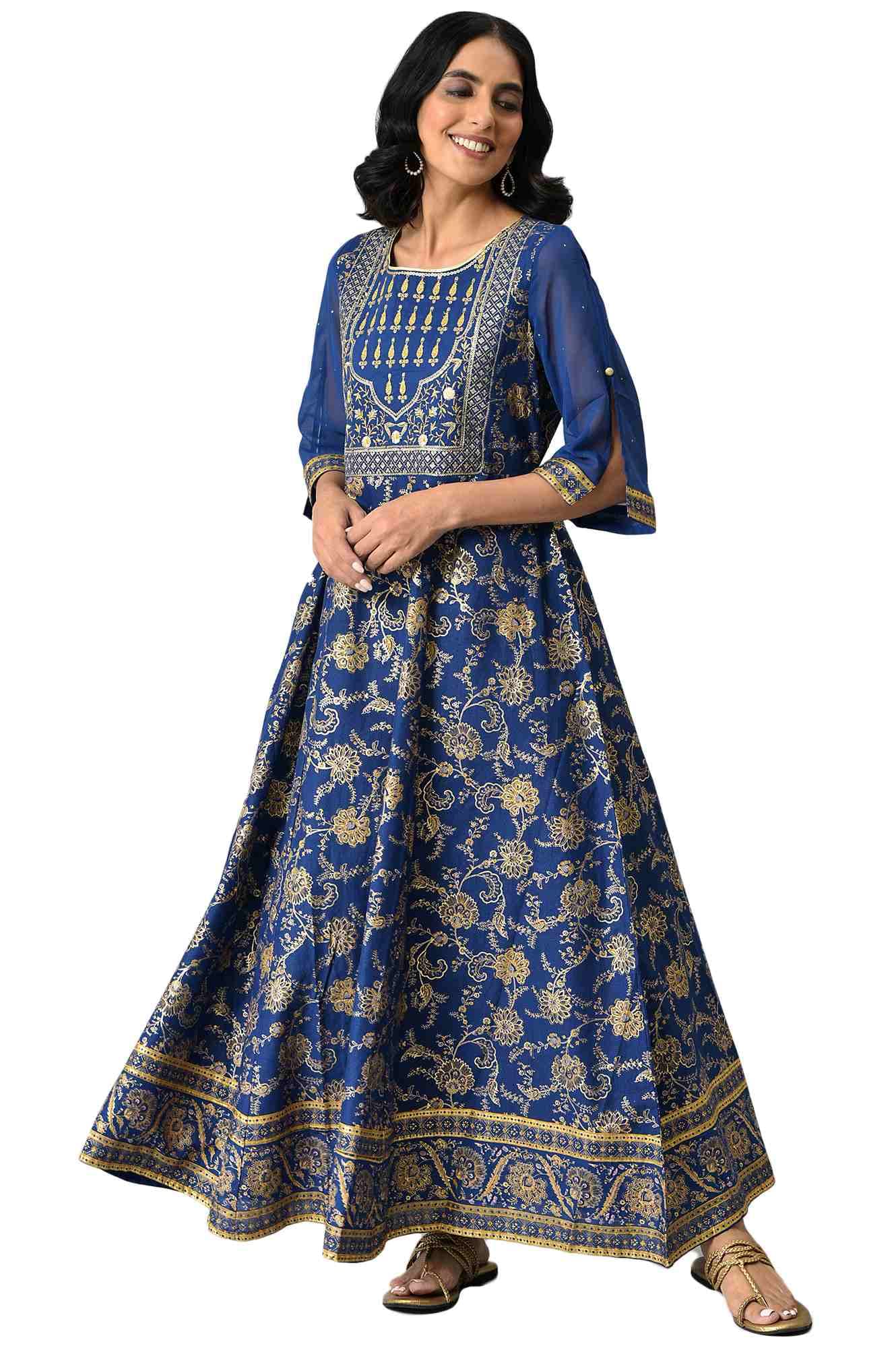 Aurelia Blue Foil Cotton Regular Kurta With Zari Embroidery